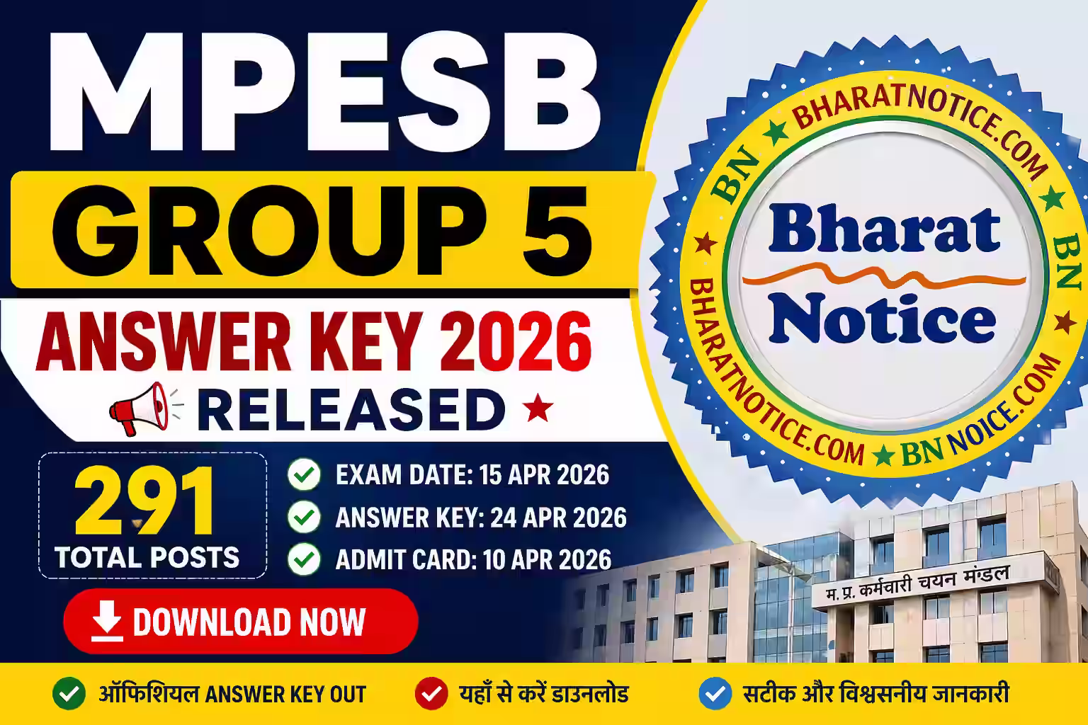 MPESB Group 5 Various Post Answer Key 2026 for 291 Post