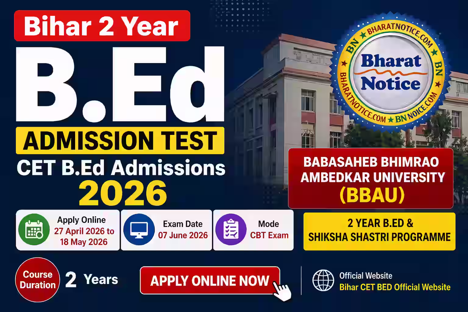 Bihar BEd CET 2026: Application Form (Out), Exam Date