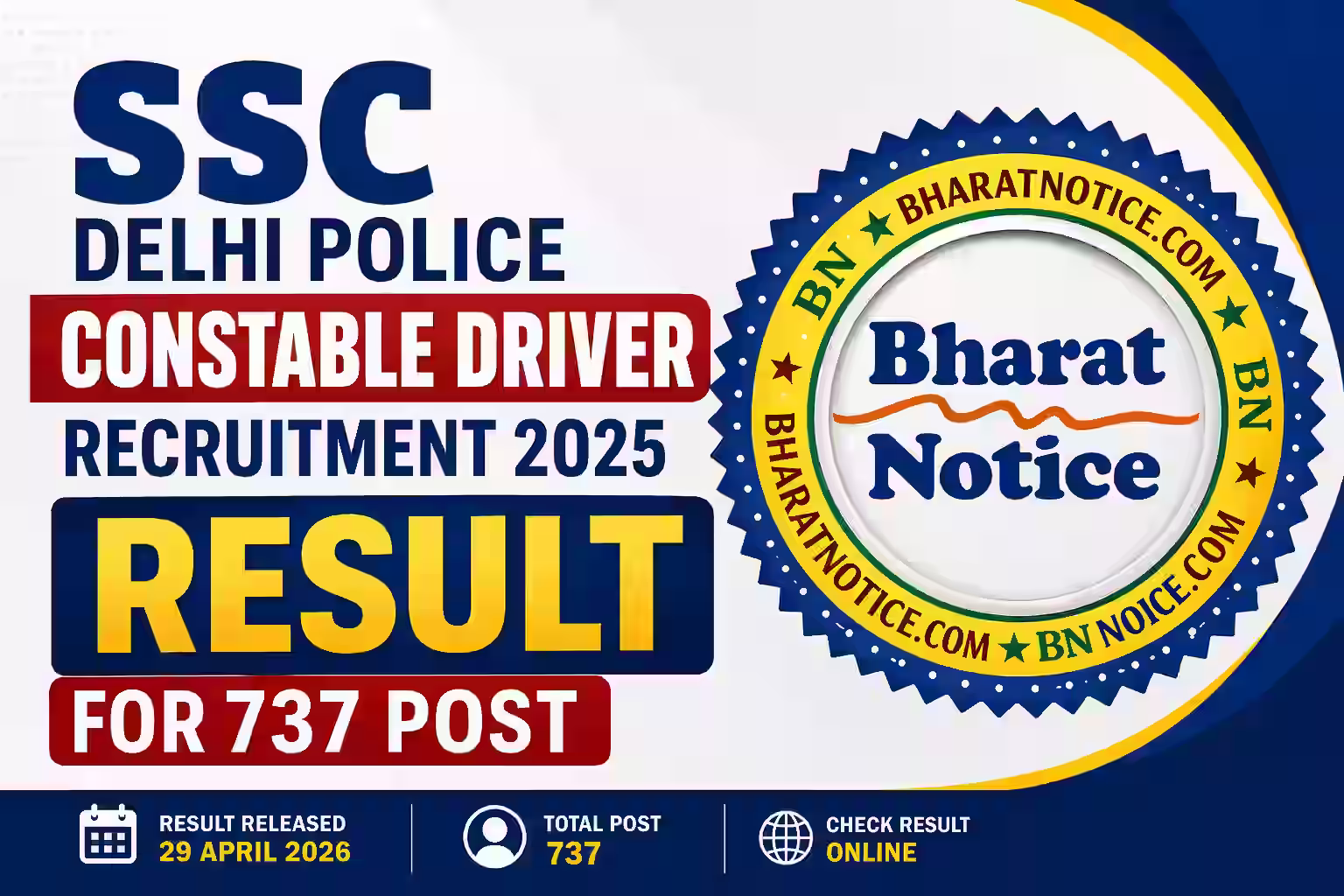 SSC Delhi Police Constable Driver Recruitment 2025 Result for 737 Post