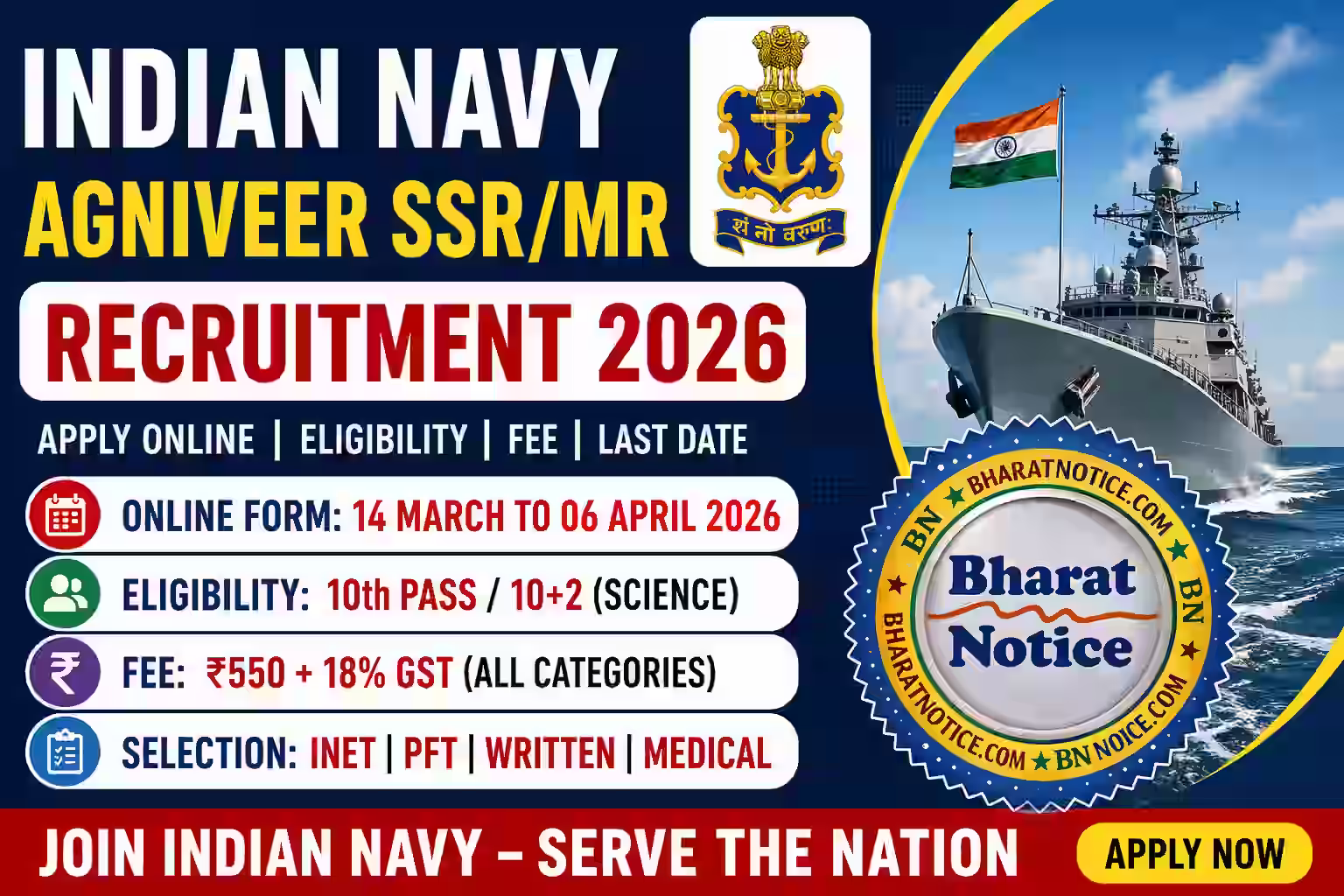 Indian Navy Agniveer SSR/ MR Recruitment 2026 Apply Online, Eligibility, Fee, Last Date