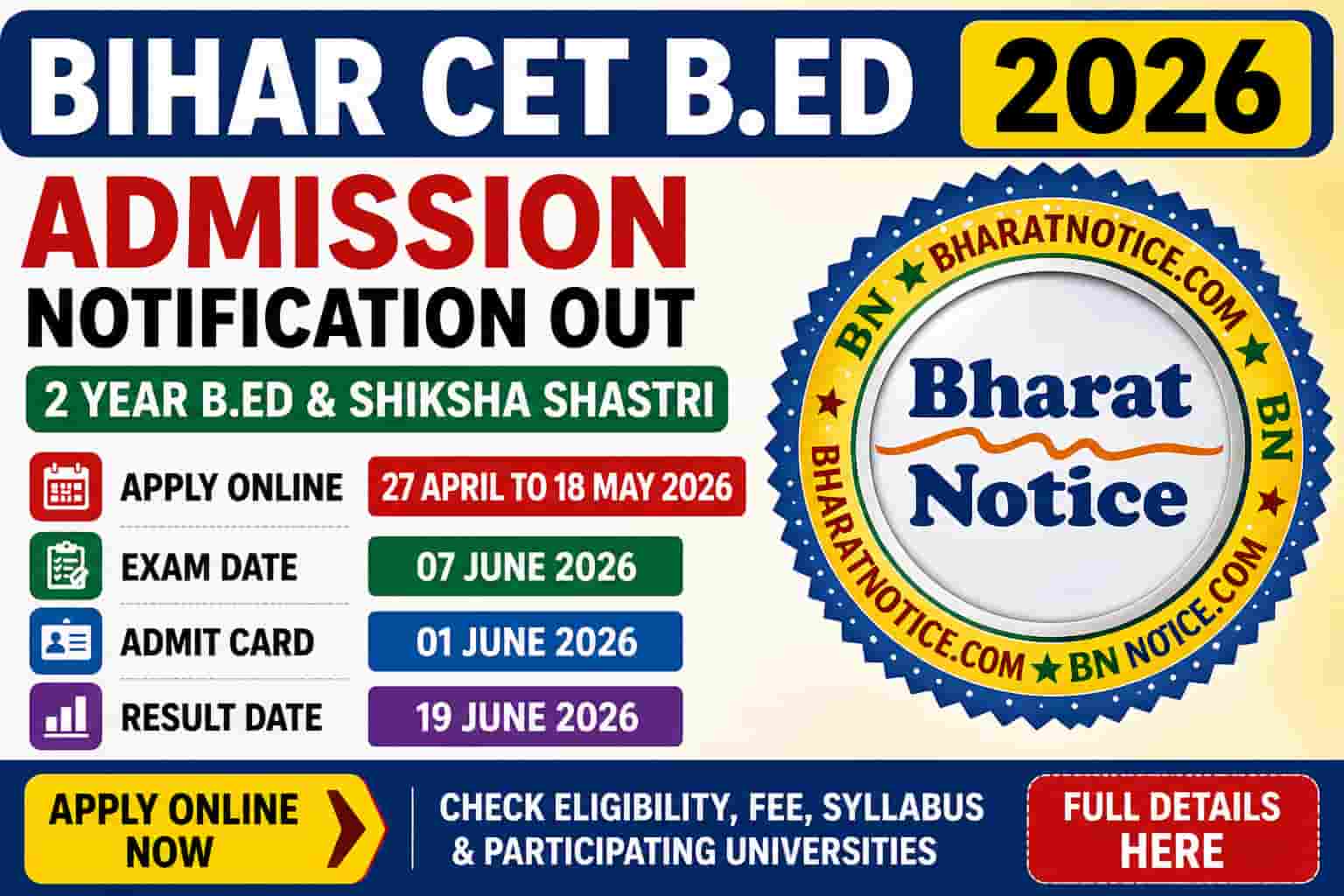 Bihar 2 Year B.Ed Admission Test CET BEd Admissions 2026 Online Form