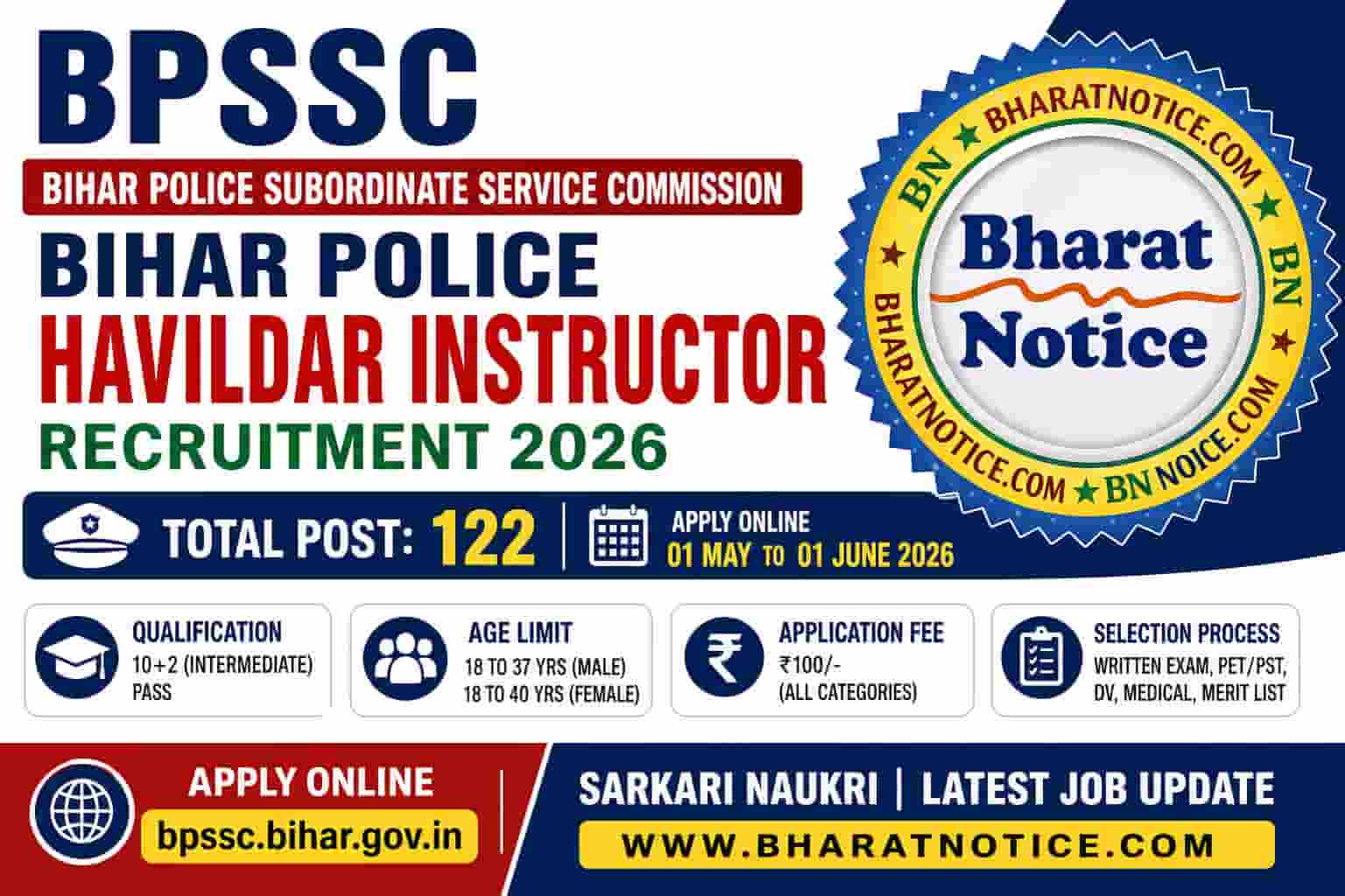 BPSSC Bihar Police Havildar Instructor Recruitment 2026 [122 Post] Apply Online