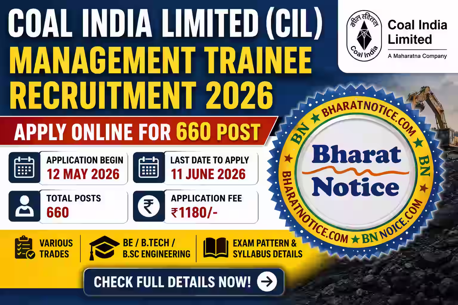 Coal India Limited CIL Management Trainee Recruitment 2026 Apply Online for 660 Post