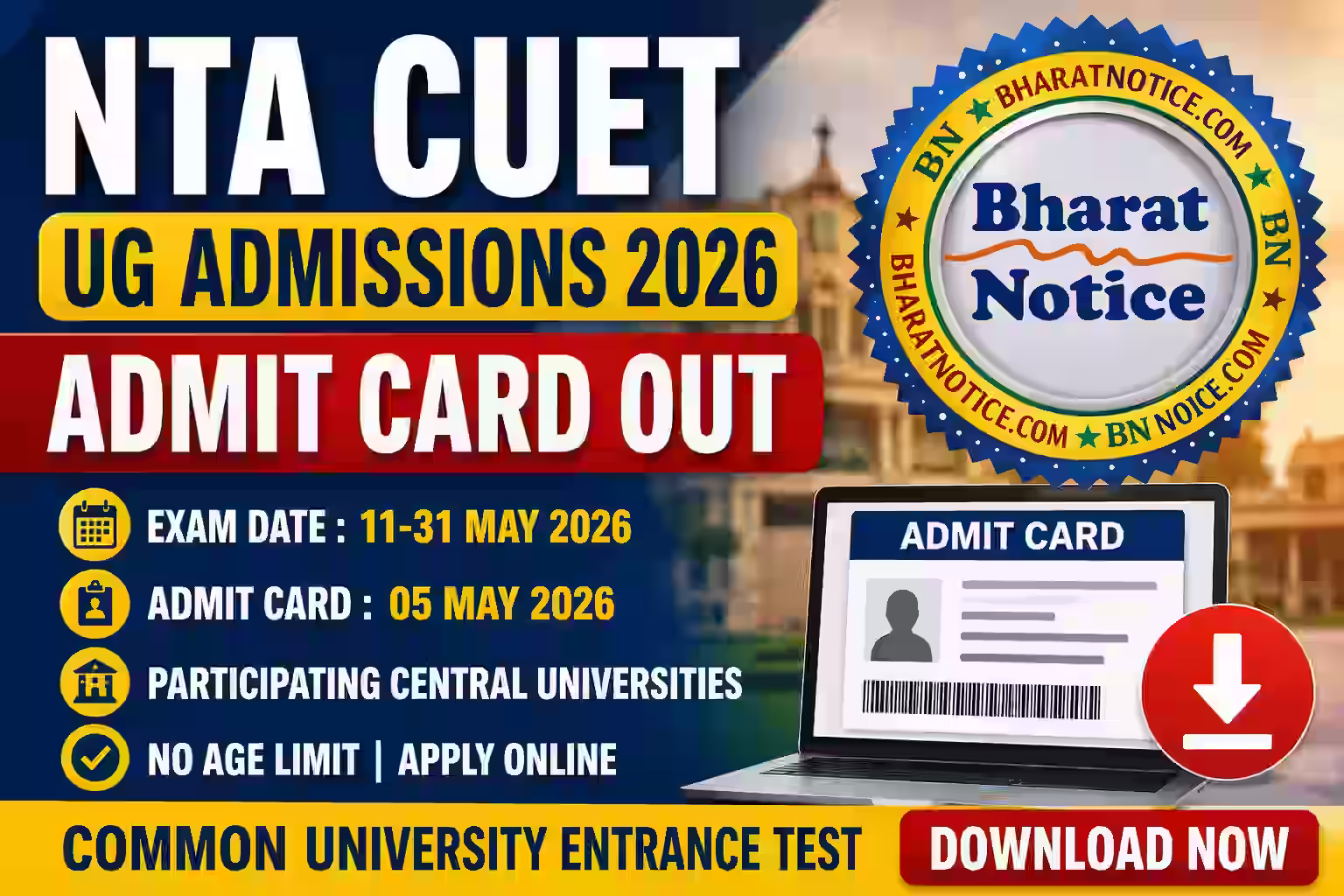 NTA CUET UG Admissions 2026 Download Admit Card